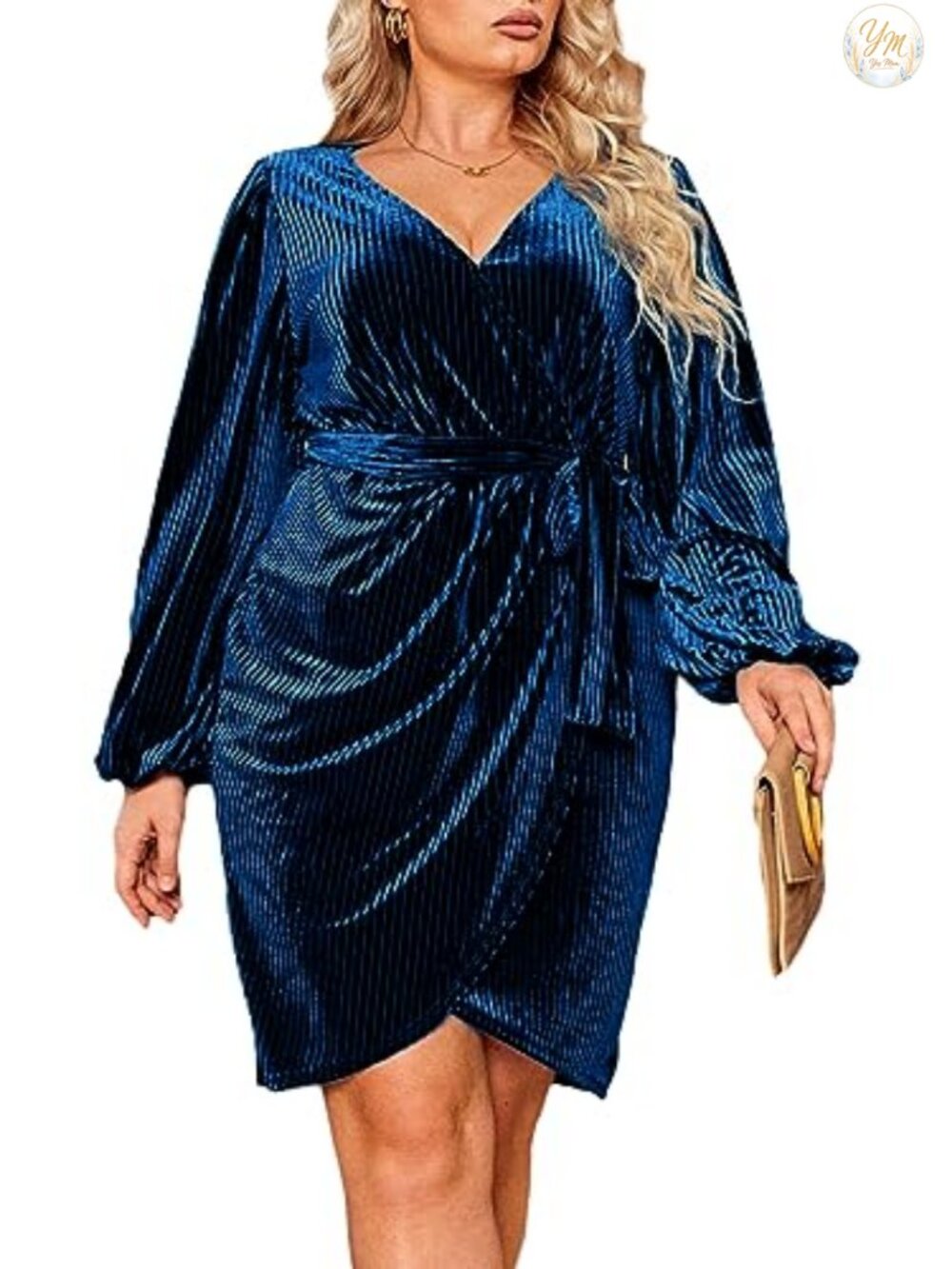 Plus Size Velvet Wrap Mini Dress Long Sleeve Cocktail Party